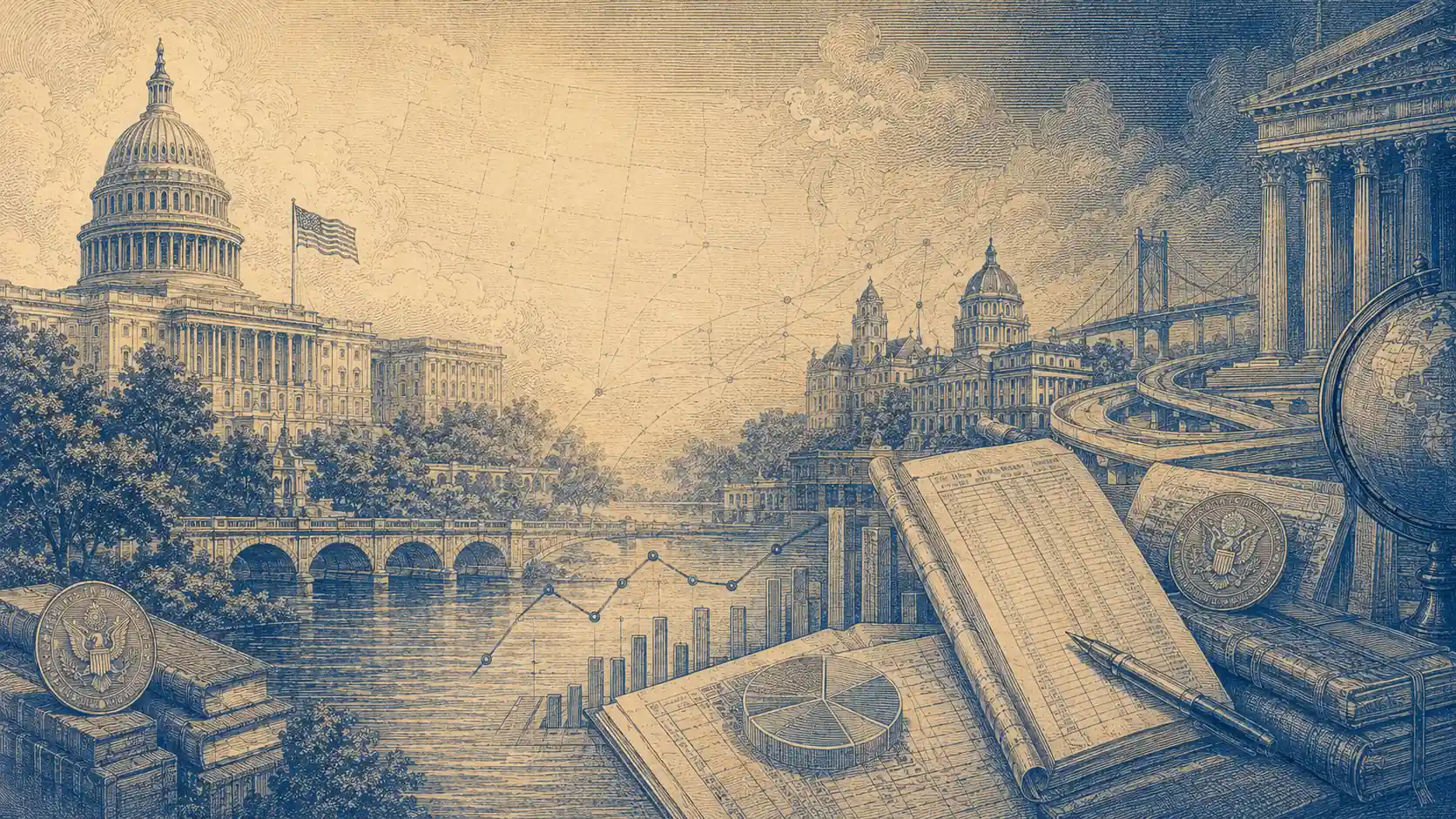 Engraved illustration of federal, state and local institutions layered over budget charts and ledgers